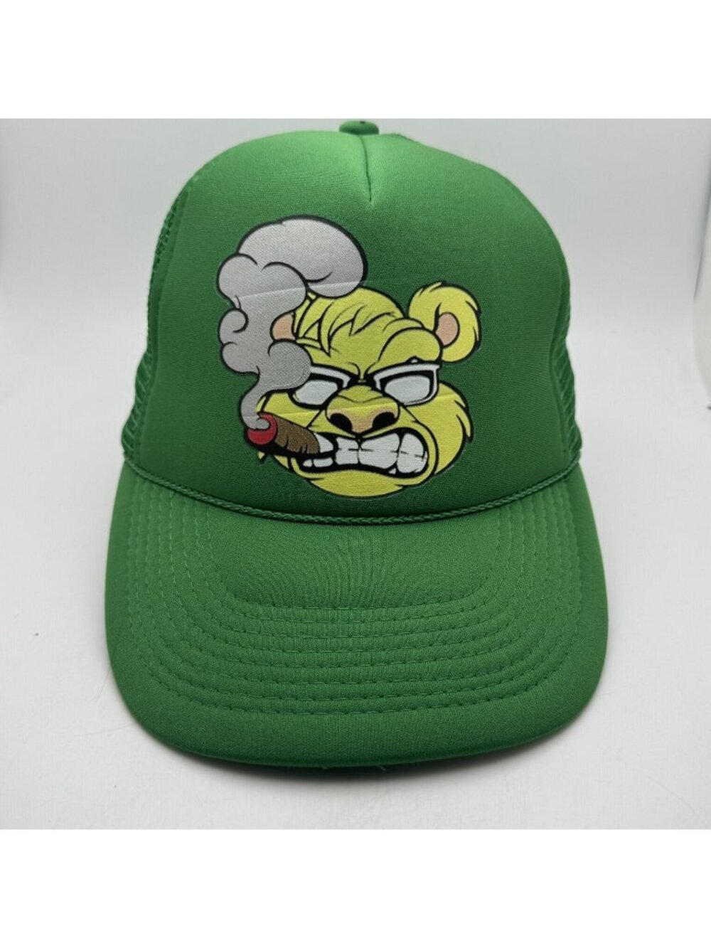 Smoking Bear Cartoon Trucker Hat  Nissun Green Adjustable Snapback Cap